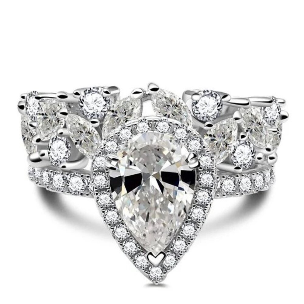 💞925 Silver Plated Water Drop Shaped Cubic Zirconia Ring, MARR9473